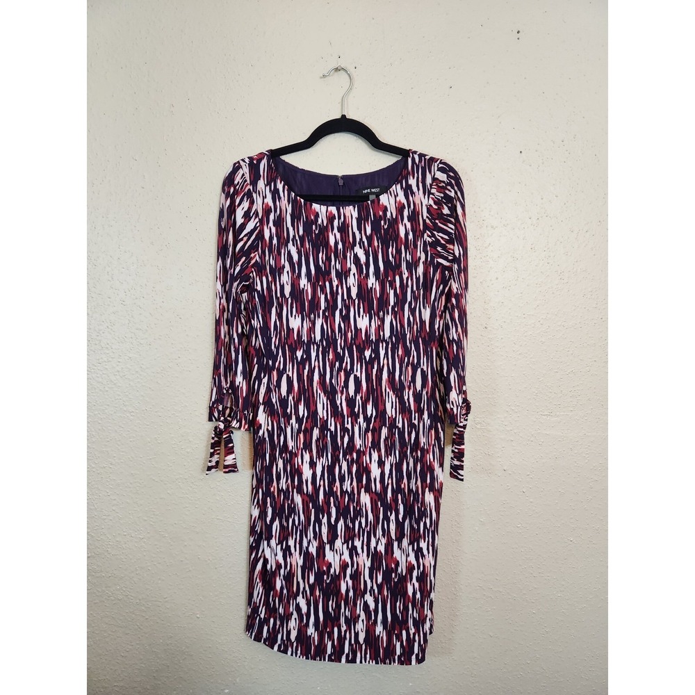 Nine West Womens 8 Purple Red Abstract Sheath Dress Tie Cuff 3/4 Sleeve